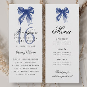 Elegant Navy Blue Bow 16th Birthday Program Menu