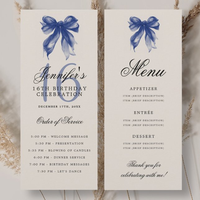 Elegant Navy Blue Bow 16th Birthday Program Menu (Elegant Navy Blue Bow 16th Birthday Program Menu)