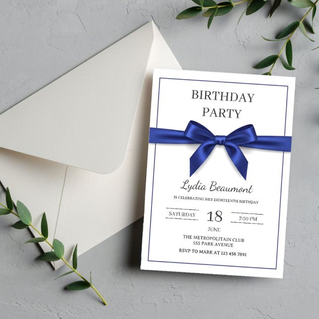 Elegant Navy Blue Bow Birthday Invitation (Creator Uploaded)