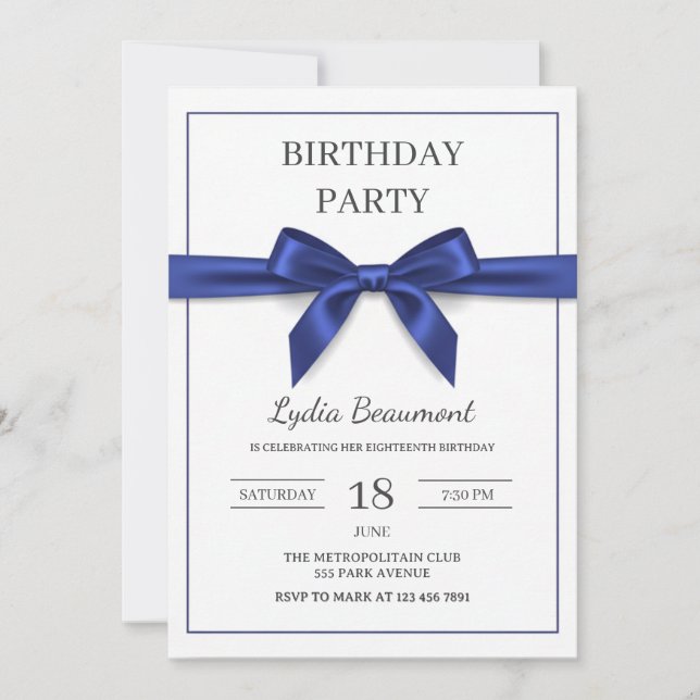 Elegant Navy Blue Bow Birthday Invitation (Front)