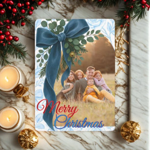  Elegant Navy Blue Bow & Fresh Greenery Photo  Holiday Card