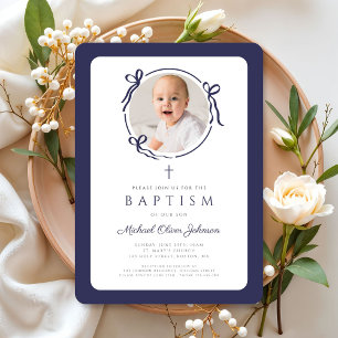 Elegant Navy Blue Bow Photo Boy Baptism Invitation