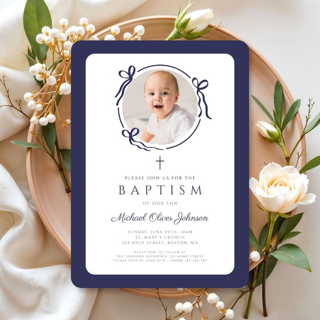 Elegant Navy Blue Bow Photo Boy Baptism Invitation (Elegant Navy Blue Bow Photo Boy Baptism Invitation)