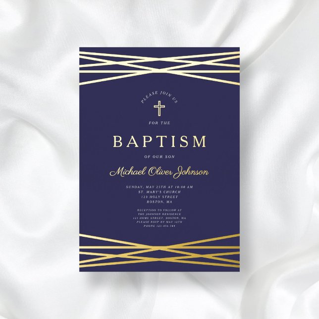 Elegant Navy Blue Boy Baptism Gold (Elegant Navy Blue Boy Baptism Gold Foil Invitation)