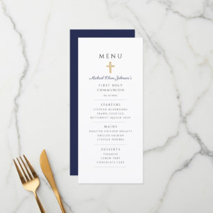 Elegant Navy Blue Boy First Communion Menu