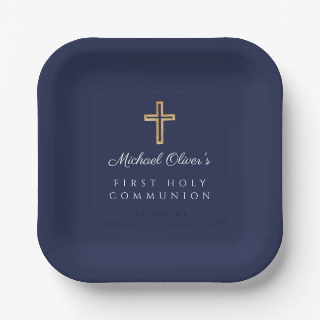 Elegant Navy Blue Boy First Communion Paper Plate (Front)