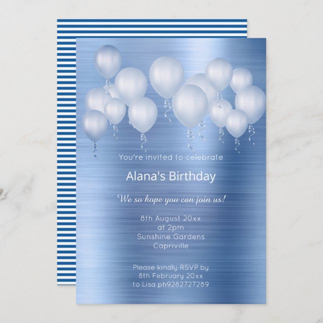 ELEGANT NAVY BLUE BRUSHED METAL BALOON BIRTHDAY INVITATION (Front/Back)