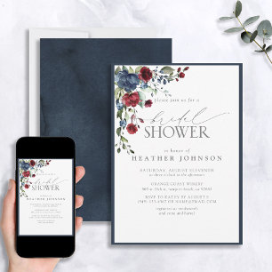 Elegant Navy Blue Burgundy Botanical Bridal Shower Invitation