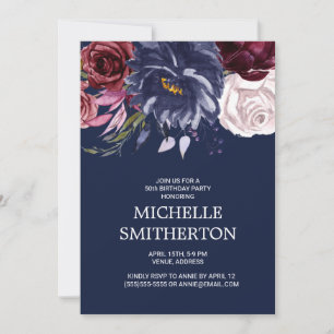 Elegant Navy Blue Burgundy Floral 50th Birthday Invitation