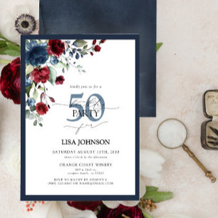 Elegant Navy Blue Burgundy Floral 50th Birthday Invitation