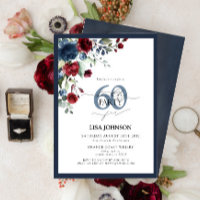 Elegant Navy Blue Burgundy Floral 60th Birthday