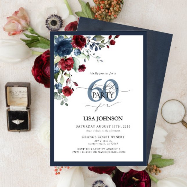 Elegant Navy Blue Burgundy Floral 60th Birthday Invitation (Creator Uploaded)