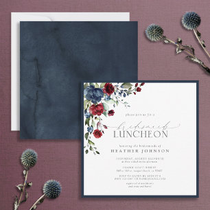 Elegant Navy Blue Burgundy Floral Bridal Luncheon Invitation