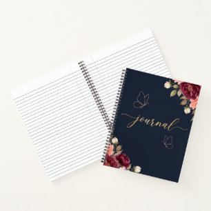 Elegant Navy Blue Burgundy Floral Watercolor Journ Notebook