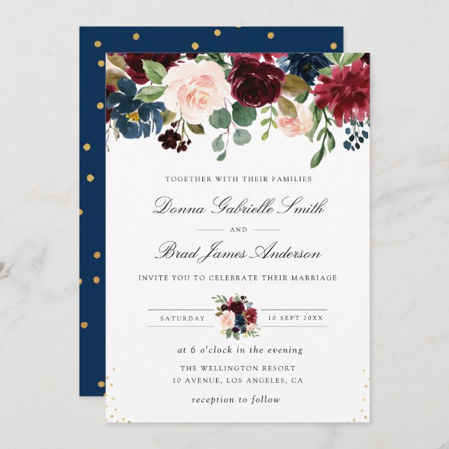 Elegant navy blue & burgundy floral wedding invitation (Front/Back)