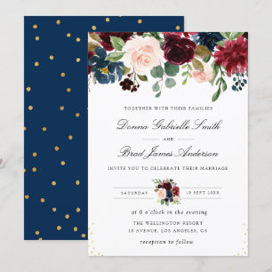 Elegant navy blue & burgundy floral wedding invitation