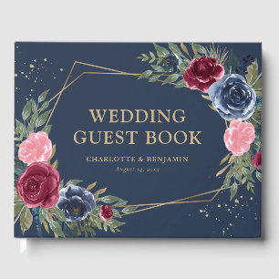 Elegant Navy Blue Burgundy Gold Geometric Wedding  Guest Book