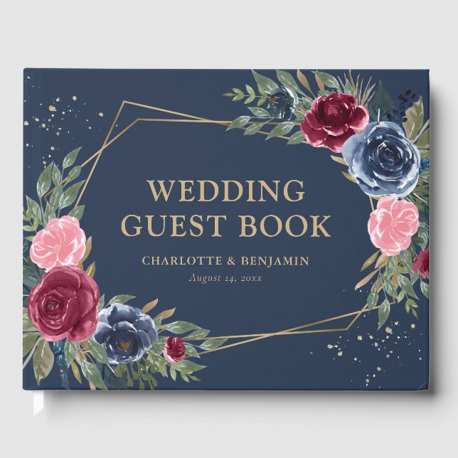 Elegant Navy Blue Burgundy Gold Geometric Wedding  Guest Book (Front)
