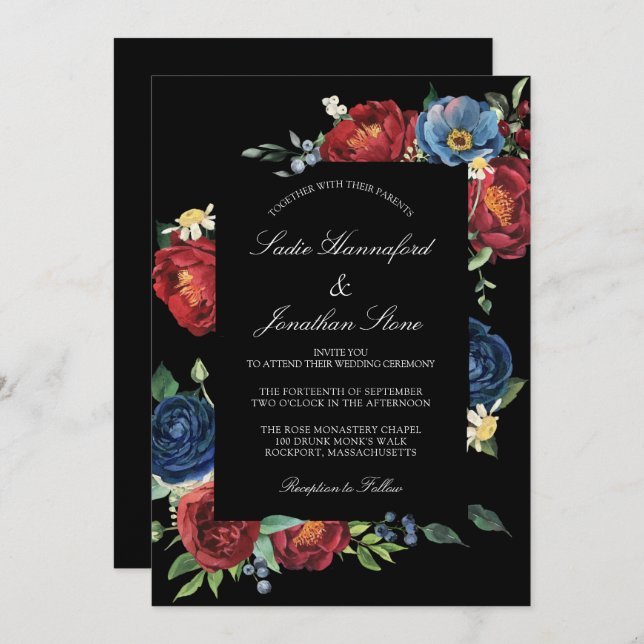 Elegant Navy Blue Burgundy Red Floral Wedding Invi Invitation (Front/Back)