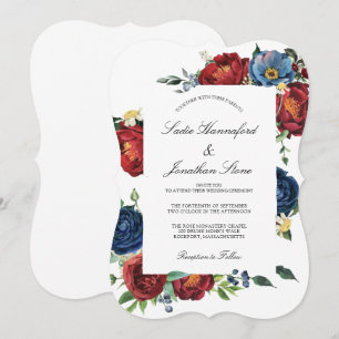 Elegant Navy Blue Burgundy Red Floral Wedding Invitation