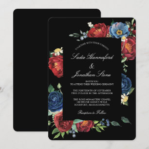 Elegant Navy Blue Burgundy Red Floral Wedding Invitation