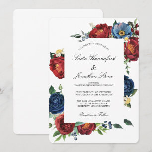 Elegant Navy Blue Burgundy Red Floral Wedding Invitation