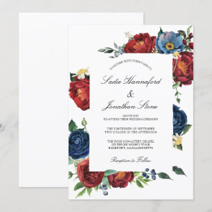 Elegant Navy Blue Burgundy Red Floral Wedding Invitation