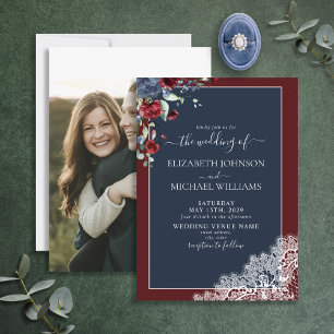 Elegant Navy Blue Burgundy Script Photo Wedding  Invitation