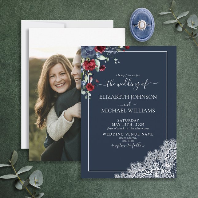 Elegant Navy Blue Burgundy Script Photo Wedding  Invitation (Creator Uploaded)