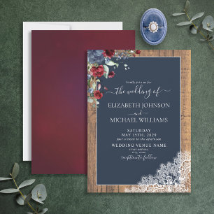 Elegant Navy Blue Burgundy Wood Script  Wedding Invitation
