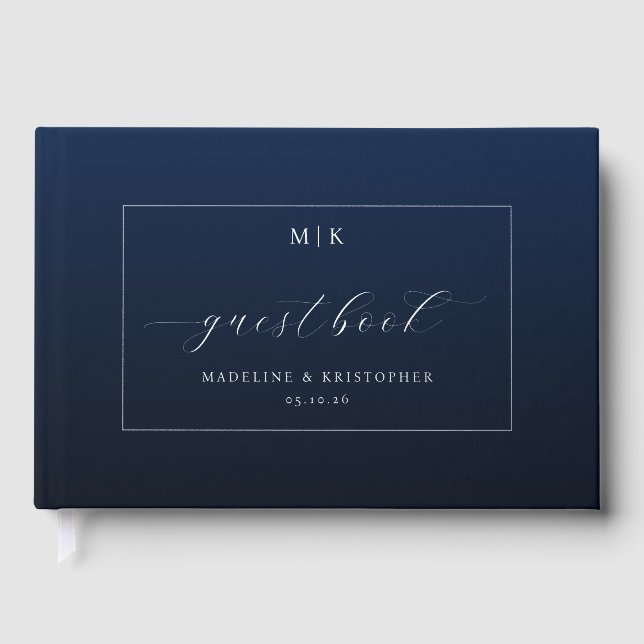 Elegant Navy Blue Calligraphy Guest Book (Front)