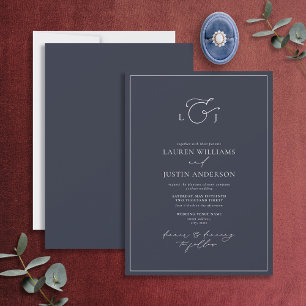 Elegant Navy Blue Calligraphy Monogram Wedding Invitation
