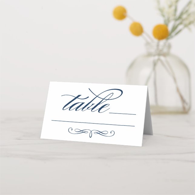 Elegant Navy Blue Calligraphy Script Wedding Place Card (Front)