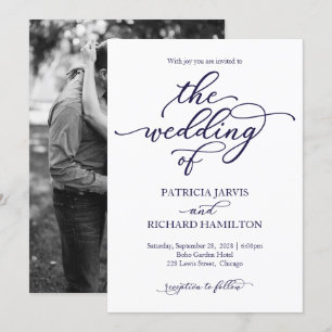 Elegant Navy Blue Calligraphy Wedding Invitation