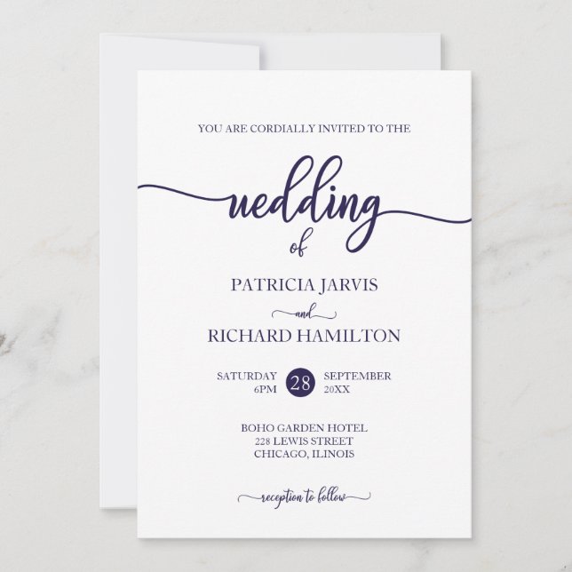 Elegant Navy Blue Calligraphy Wedding Invitation (Front)
