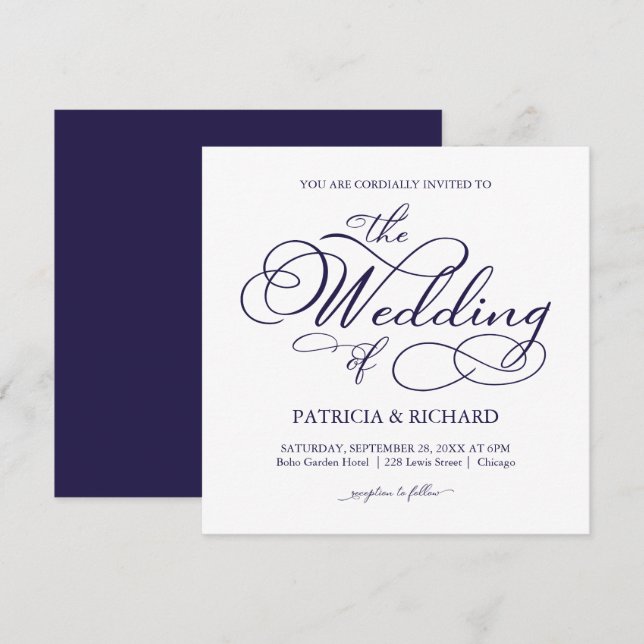 Elegant Navy Blue Calligraphy Wedding Invitation (Front/Back)