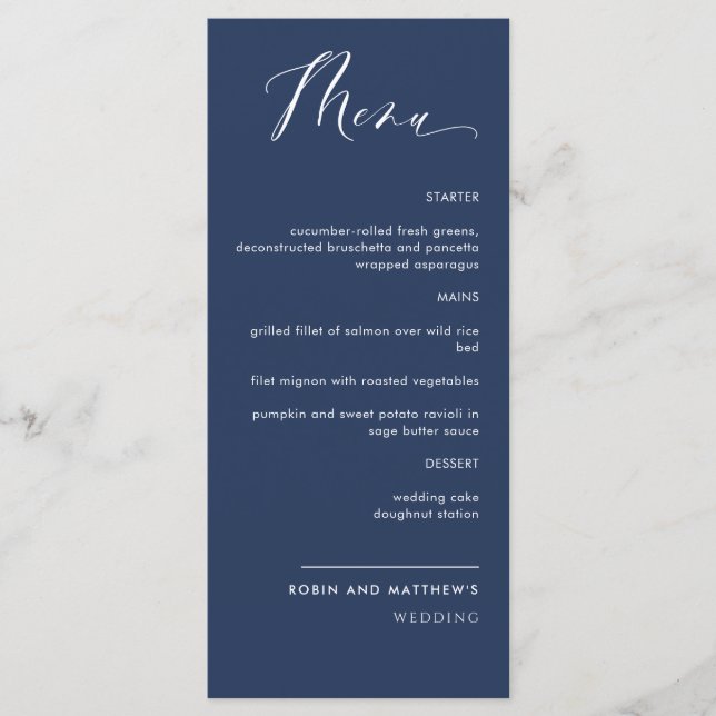 Elegant navy Blue Calligraphy Wedding Menu (Front)