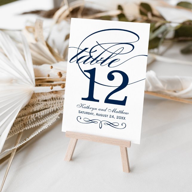 Elegant Navy Blue Calligraphy Wedding Table Number (Creator Uploaded)