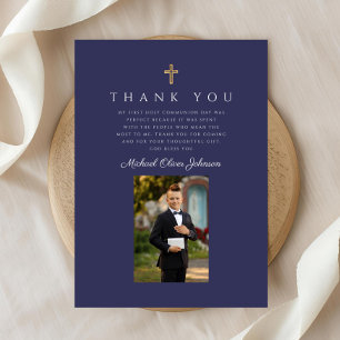 Elegant Navy Blue Catholic Boy First Communion Thank You Card