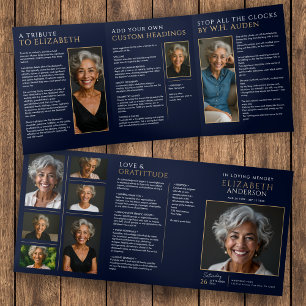 Elegant Navy Blue Celebration of Life Service Tri-Fold Programme