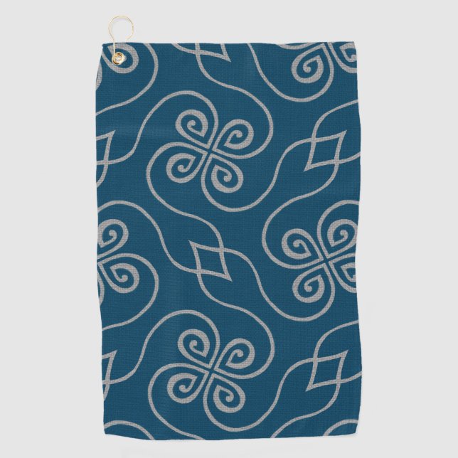 Elegant Navy Blue Celtic Clover Pattern Golf Towel (Front)