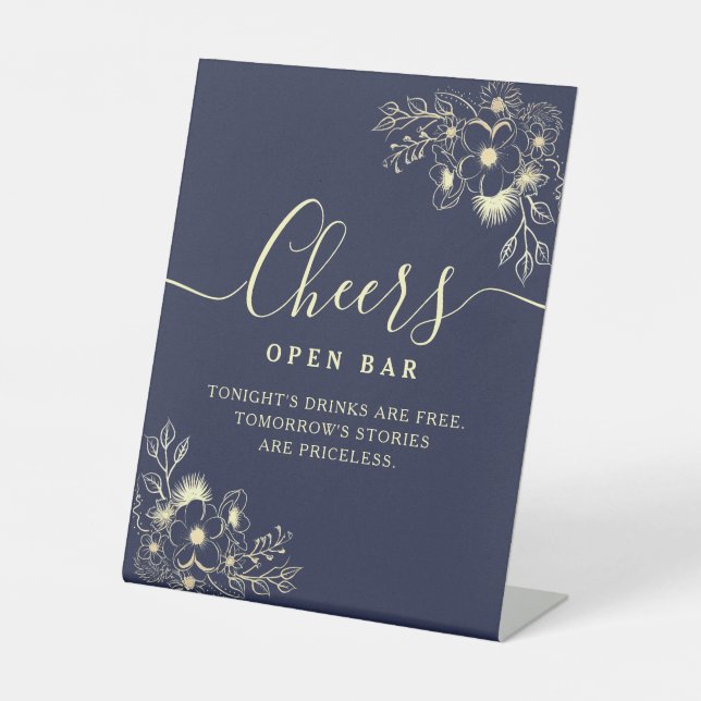 Elegant Navy Blue Cheers Open Bar Sign (Front)