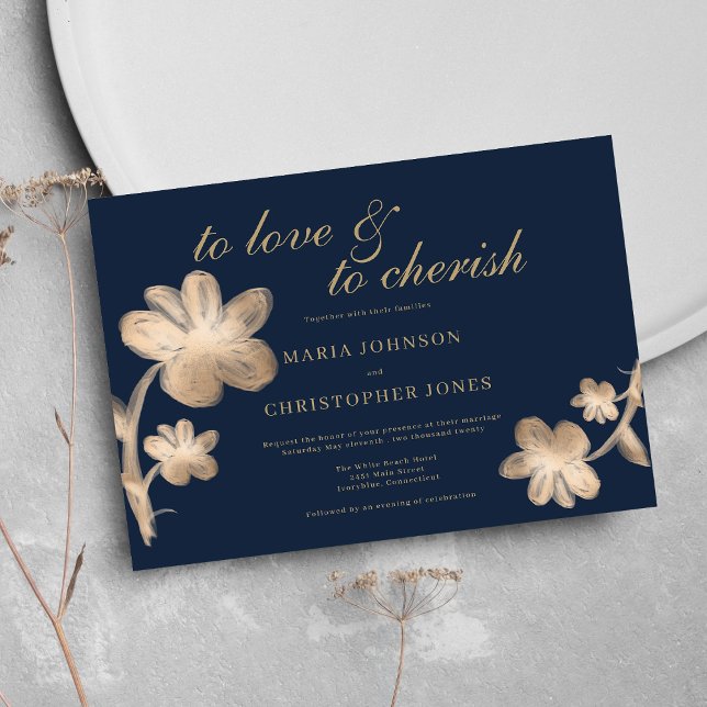 Elegant navy blue chic gold script floral Wedding Invitation (Elegant navy blue chic gold script floral Wedding )