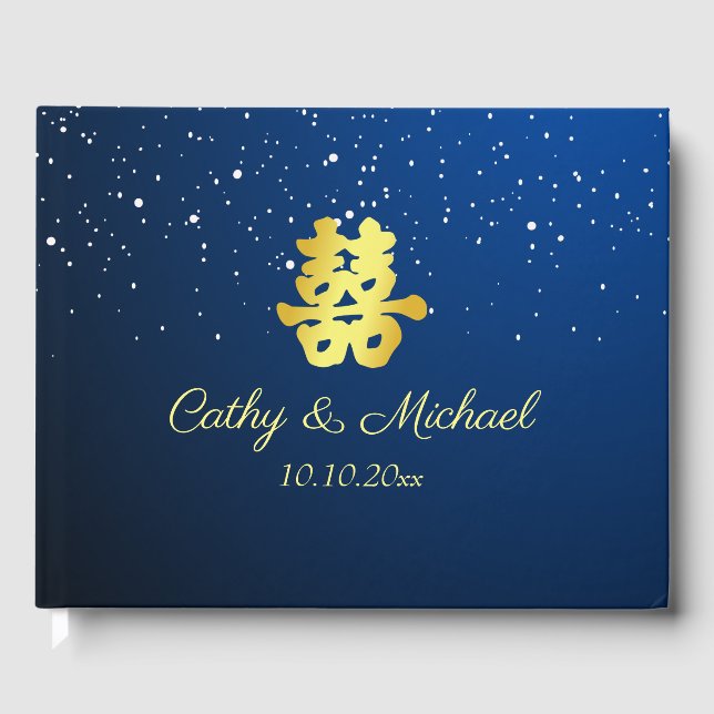 Elegant navy blue Chinese wedding snowflake Guest Book (Front)
