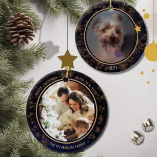Elegant Navy Blue Christmas 2 Photo Ceramic Ornament