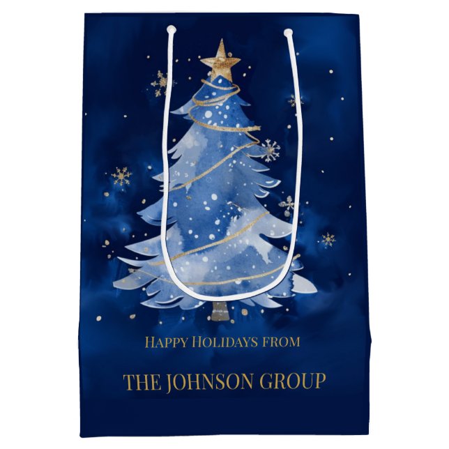 Elegant Navy Blue Christmas Tree Custom Business H Medium Gift Bag (Back)