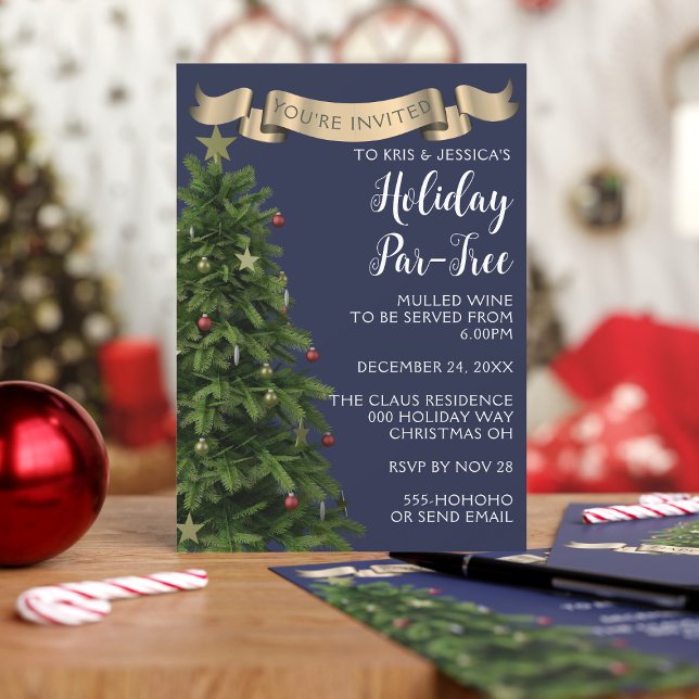 Elegant Navy Blue Christmas Tree Holiday Party Invitation (Add your holiday party details to this festive Christmas tree invitation and par-tree!)