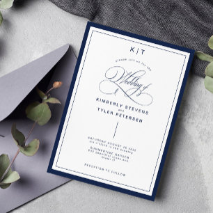 Elegant navy blue classic formal wedding invitation