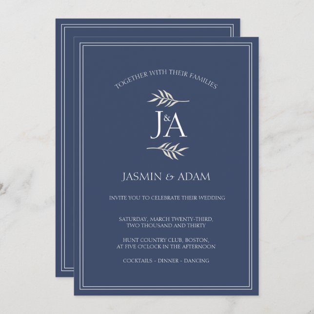 Elegant Navy Blue Classic Initials Wedding  Invitation (Front/Back)