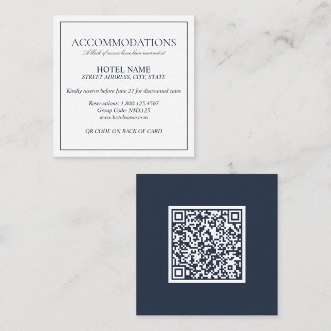 Elegant Navy Blue Classic Script QR Code Wedding Enclosure Card (Front/Back)